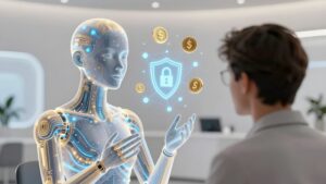 Голографический помощник консультирует клиента, иллюстрируя тренды голосовых технологий в банковском секторе 2026